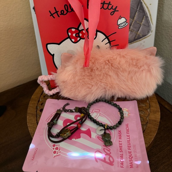 Hello Kitty Bracelets (2) and Bag, Barbie face mask and kitty furry sleep mask - Picture 1 of 3